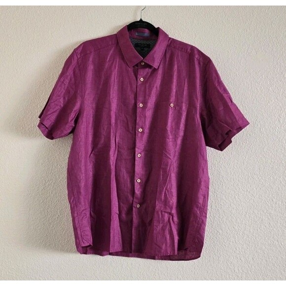 Ted Baker Button Up Shirt Size 6 Mens Purple Short Sleeve Linen Cotton Blend XXL - Picture 7 of 10